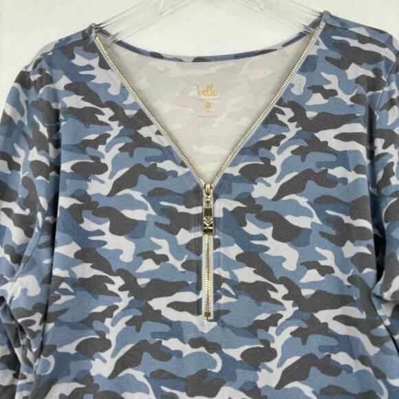 Belle Kim Gravel Pullover Top Size XL Blue Camouflage Zip Neckline Elbow Sleeve - Picture 2 of 10